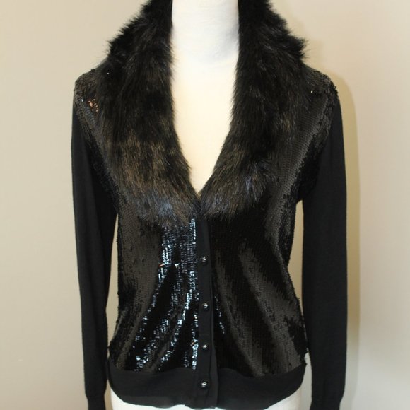 Jones New York, Wool Blend Faux Fur Sequin Button Front Black Sweater, PS - Picture 2 of 11